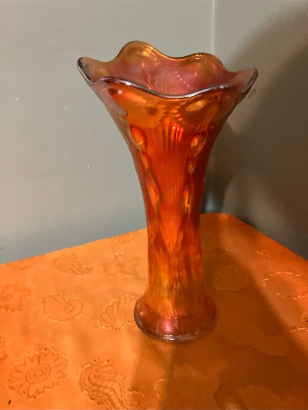 Vintage Marigold Imperial Carnival Glass Stretch Beaded & Ribbed Vase 10”